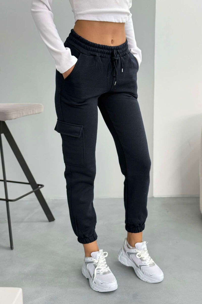 SIDE POCKET FLUFFY WOMEN SWEATPANTS DARK BLUE/BEE - 1