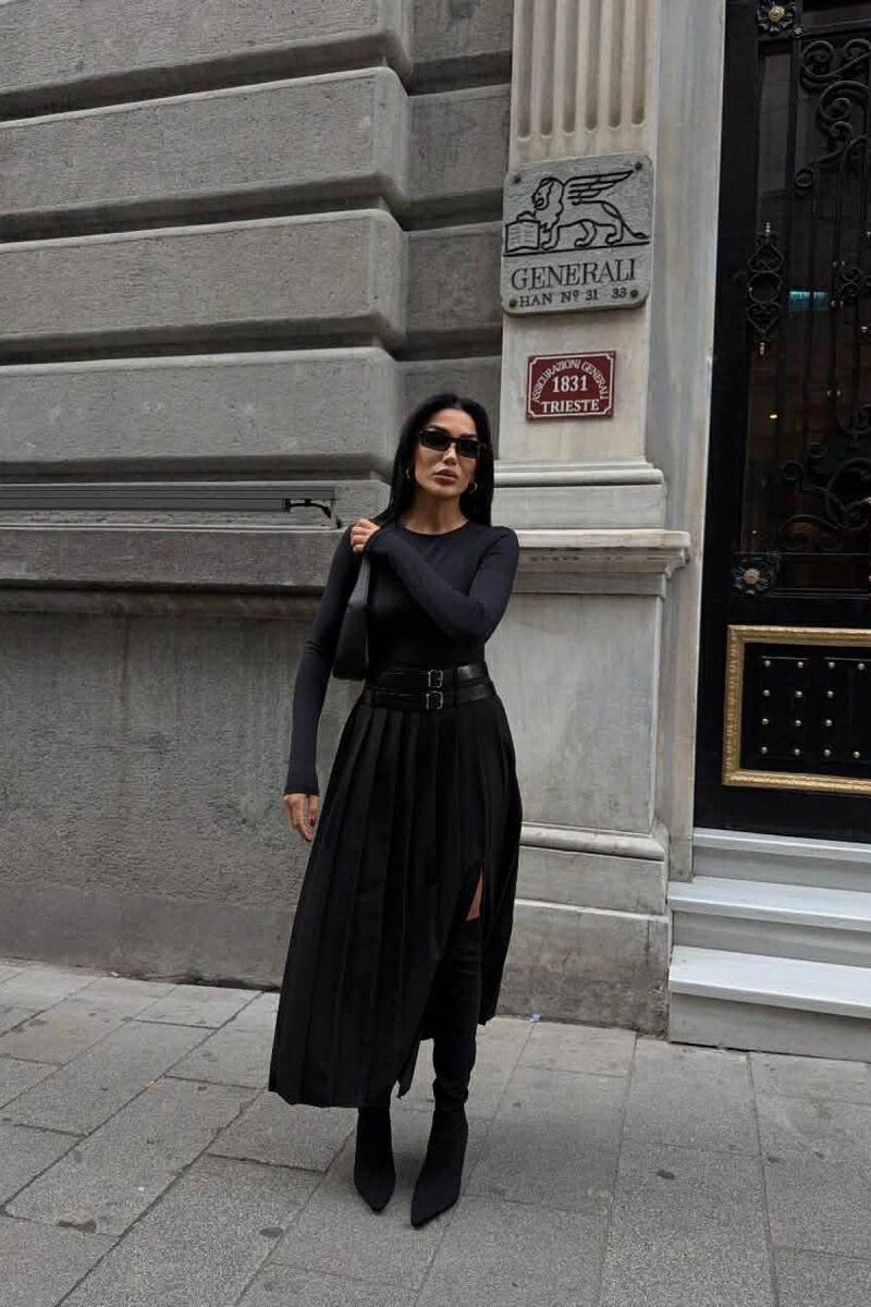 SIDE SPLIT LONG BELTED WOMEN SKIRT BLACK/ E ZEZE - 4