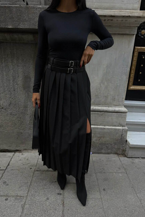 SIDE SPLIT LONG BELTED WOMEN SKIRT BLACK/ E ZEZE 