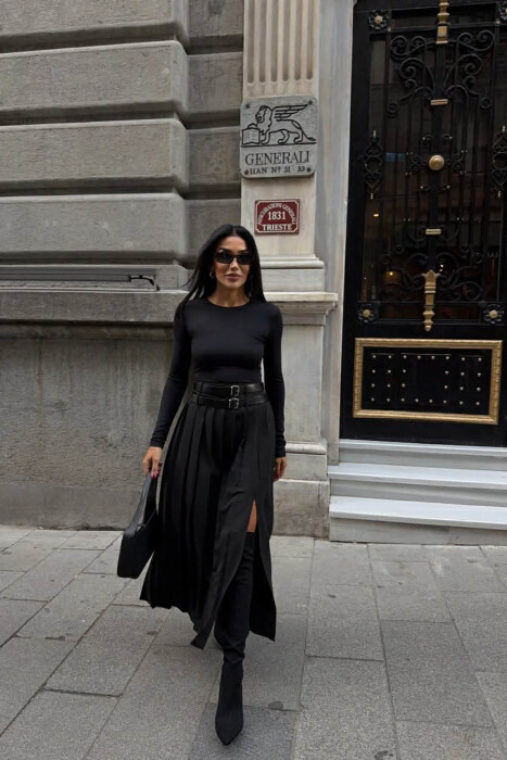 SIDE SPLIT LONG BELTED WOMEN SKIRT BLACK/ E ZEZE 