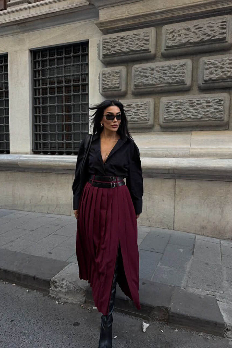 SIDE SPLIT LONG BELTED WOMEN SKIRT BURGUNDY/VISHNJE - 1