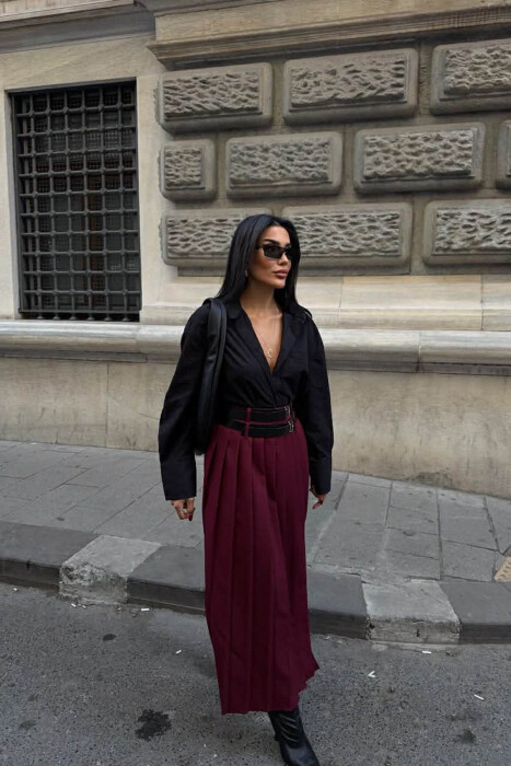 SIDE SPLIT LONG BELTED WOMEN SKIRT BURGUNDY/VISHNJE - 2