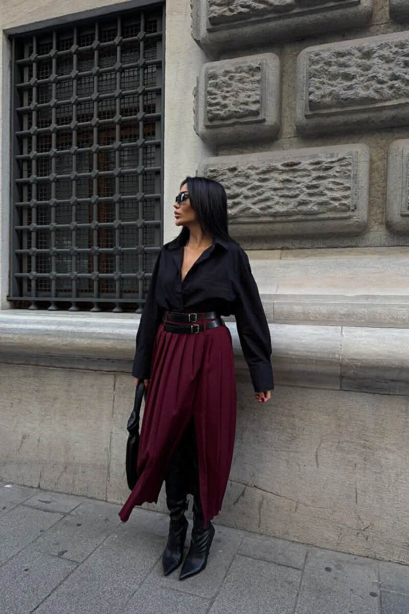 SIDE SPLIT LONG BELTED WOMEN SKIRT BURGUNDY/VISHNJE - 3