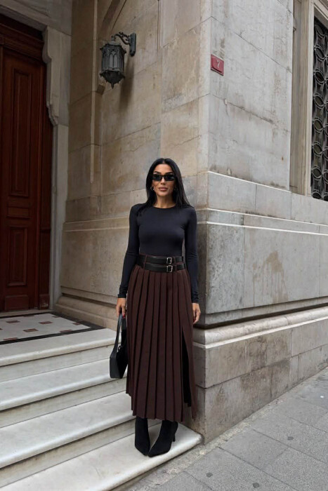 SIDE SPLIT LONG BELTED WOMEN SKIRT DARK BROWN/KAE - KLAUDIO FASHION