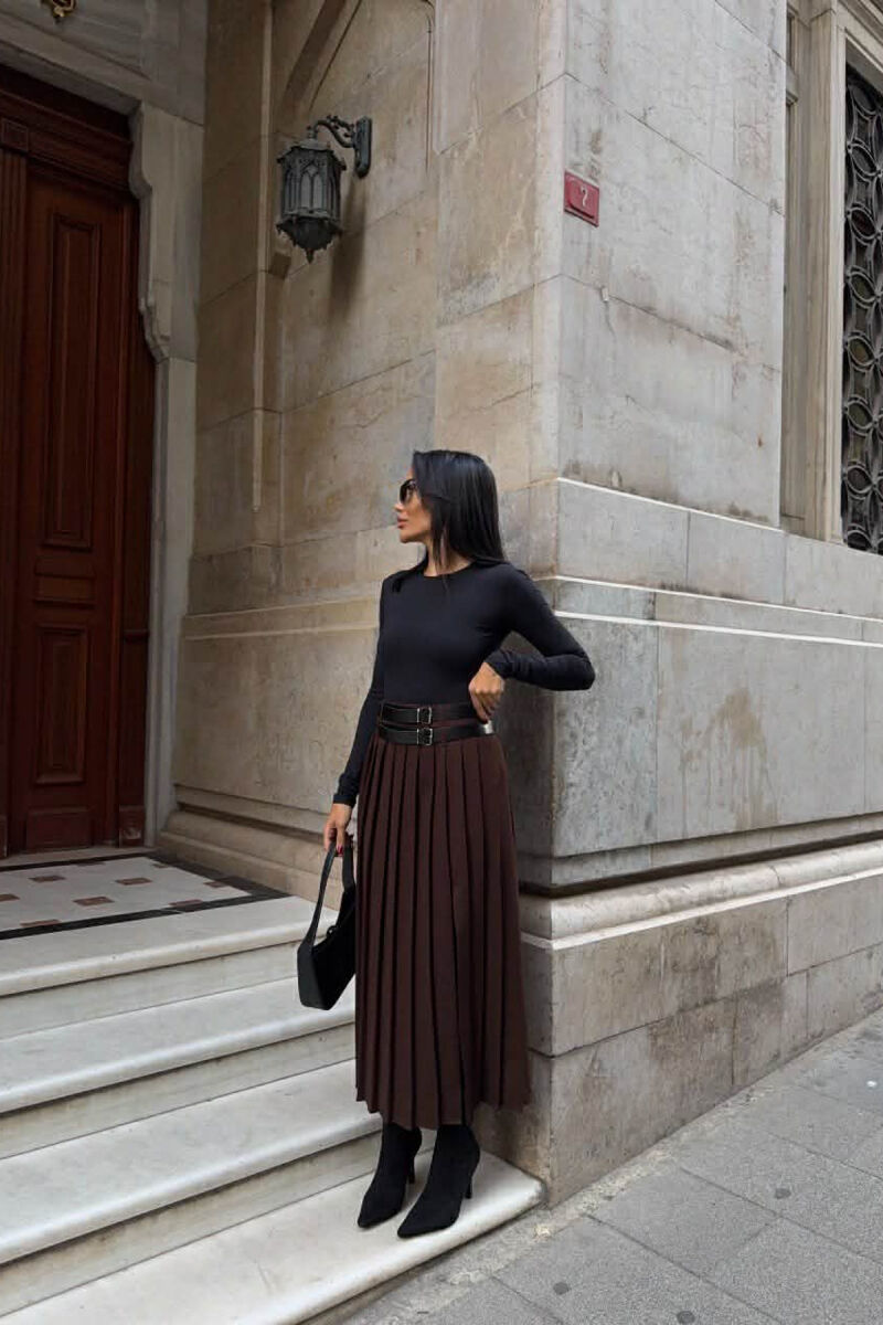 SIDE SPLIT LONG BELTED WOMEN SKIRT DARK BROWN/KAE - 3