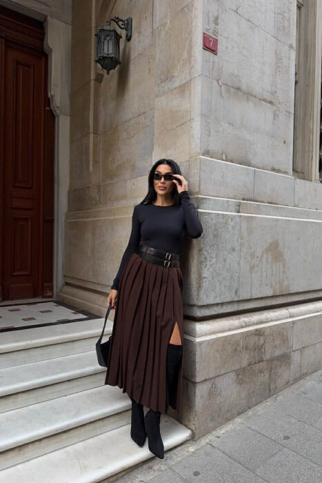 SIDE SPLIT LONG BELTED WOMEN SKIRT DARK BROWN/KAE - 2