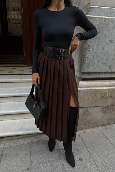 SIDE SPLIT LONG BELTED WOMEN SKIRT DARK BROWN/KAE - 4
