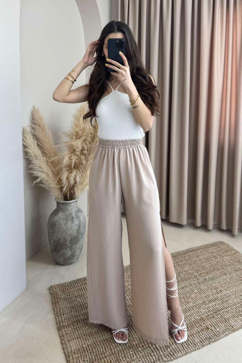 SIDE SPLIT WIDE LEG ONE COLOR WOMEN TROUSERS BEIGE/BEZHE - 1