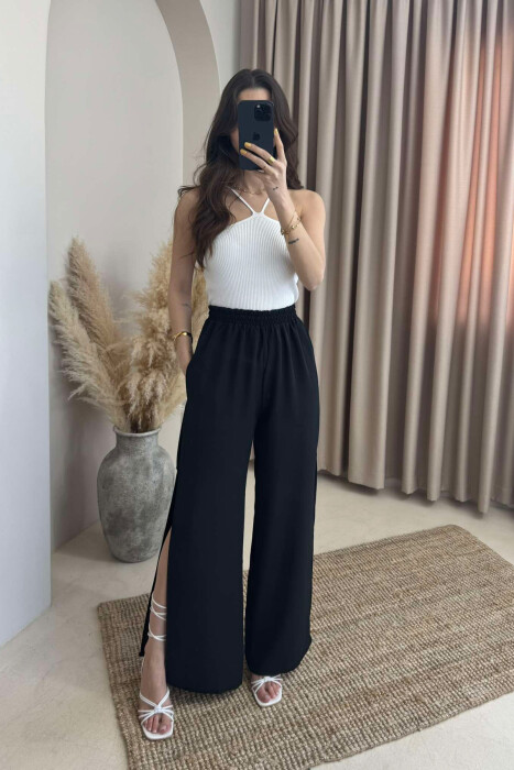 SIDE SPLIT WIDE LEG ONE COLOR WOMEN TROUSERS BLACK/ E ZEZE - 2