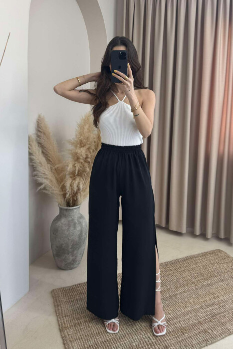SIDE SPLIT WIDE LEG ONE COLOR WOMEN TROUSERS BLACK/ E ZEZE 