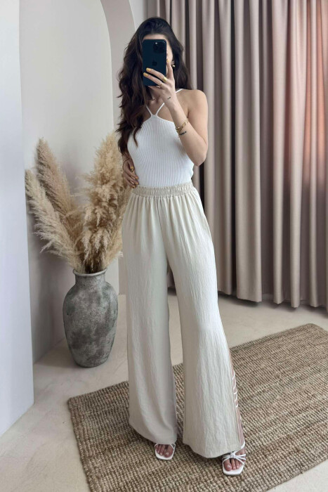 SIDE SPLIT WIDE LEG ONE COLOR WOMEN TROUSERS CREAM/KREM 