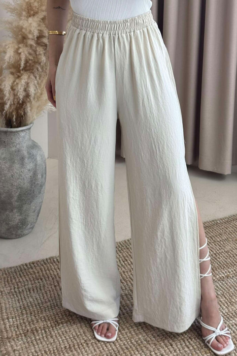 SIDE SPLIT WIDE LEG ONE COLOR WOMEN TROUSERS CREAM/KREM - 3