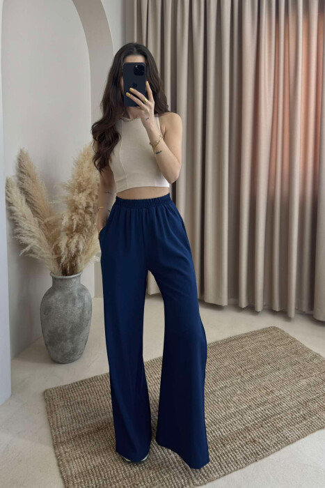 SIDE SPLIT WIDE LEG ONE COLOR WOMEN TROUSERS DARK BLUE/BEE 