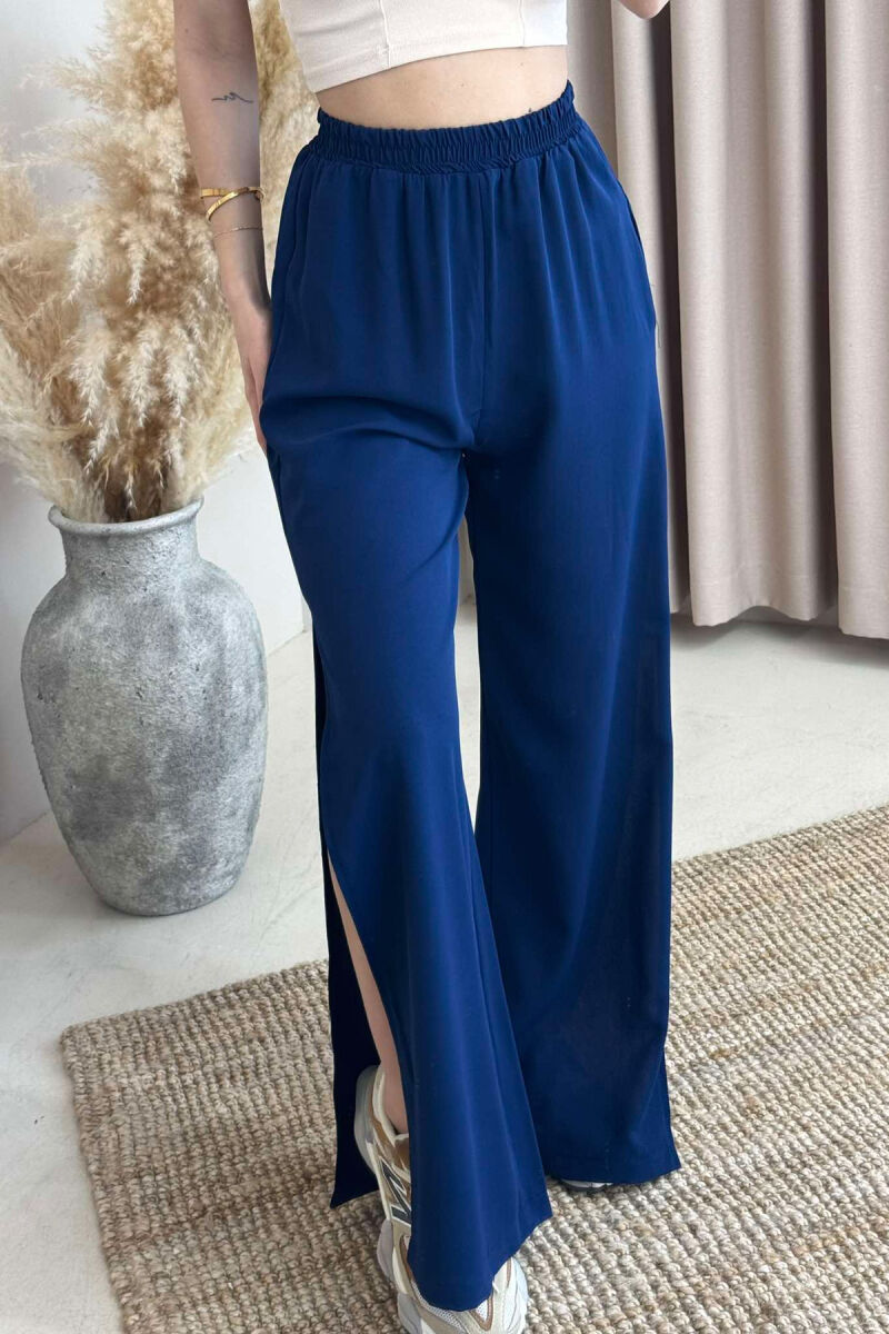 SIDE SPLIT WIDE LEG ONE COLOR WOMEN TROUSERS DARK BLUE/BEE - 2