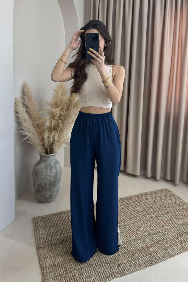 SIDE SPLIT WIDE LEG ONE COLOR WOMEN TROUSERS DARK BLUE/BEE - 4