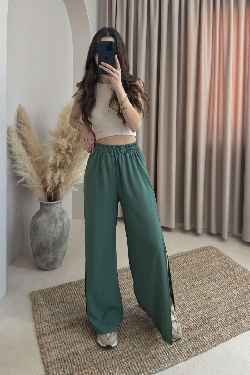 SIDE SPLIT WIDE LEG ONE COLOR WOMEN TROUSERS GREEN/JESHILE - 1