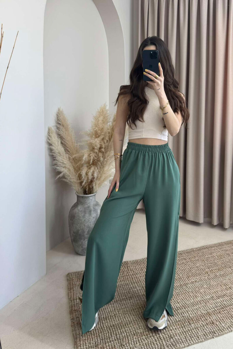 SIDE SPLIT WIDE LEG ONE COLOR WOMEN TROUSERS GREEN/JESHILE - 2