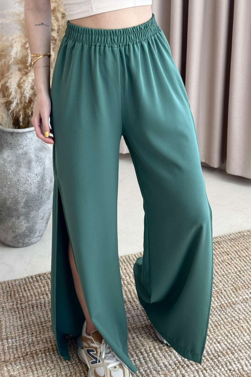 SIDE SPLIT WIDE LEG ONE COLOR WOMEN TROUSERS GREEN/JESHILE - 3