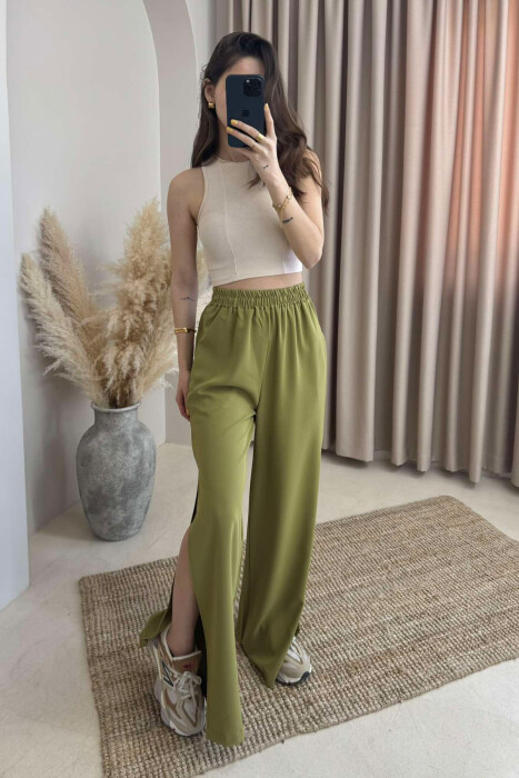 SIDE SPLIT WIDE LEG ONE COLOR WOMEN TROUSERS OLIVE/ULLI - 1