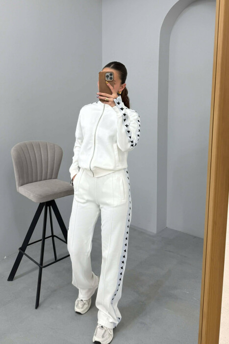 SIDE STARS ZIPPER JACKET + SWEATPANTS WOMAN SET WHITE-E BARDHE - KLAUDIO FASHION