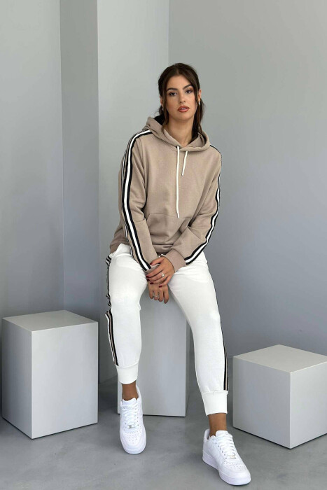 SIDE STRIPE DESIGN HOODIE+JOGGERS WOMEN SET WHITE-BEIGE/BABZH - KLAUDIO FASHION