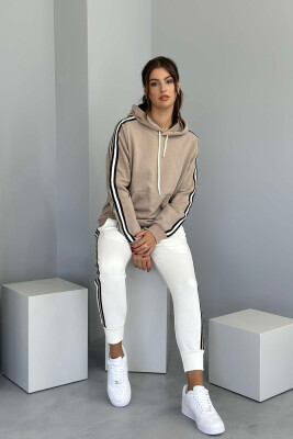 SIDE STRIPE DESIGN HOODIE+JOGGERS WOMEN SET WHITE-BEIGE/BABZH 