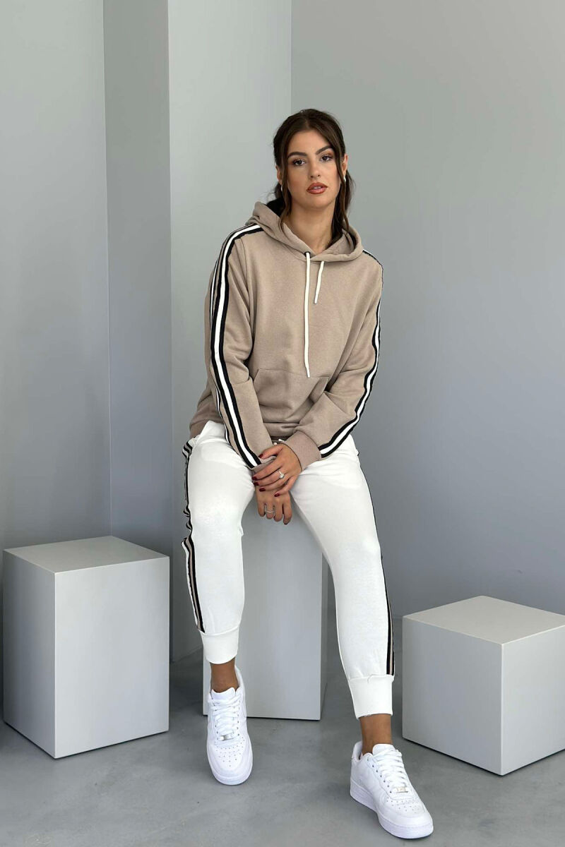 SIDE STRIPE DESIGN HOODIE+JOGGERS WOMEN SET WHITE-BEIGE/BABZH - 1