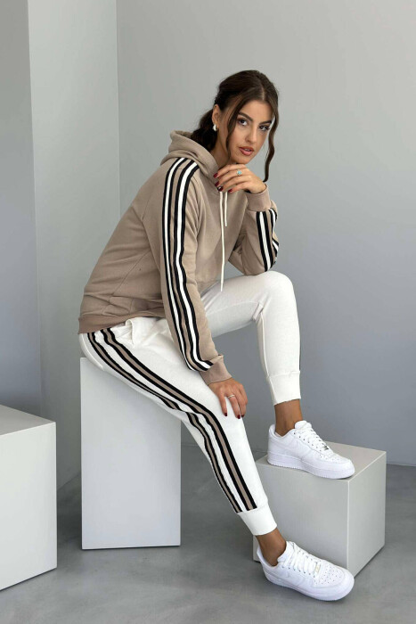 SIDE STRIPE DESIGN HOODIE+JOGGERS WOMEN SET WHITE-BEIGE/BABZH - 4