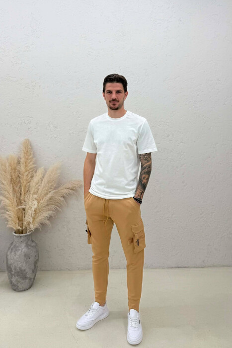 SIDE ZIPPER POCKET ONE COLOR MEN SWEATPANTS BEIGE/BEZHE - KLAUDIO FASHION