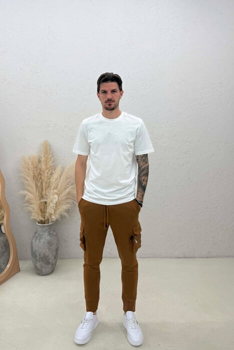 SIDE ZIPPER POCKET ONE COLOR MEN SWEATPANTS BROWN/KAFE - KLAUDIO FASHION