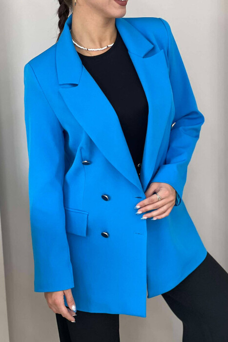 SILVER+BLACK BUTTONS WOMAN JACKET IN BLUE COLOR - 4