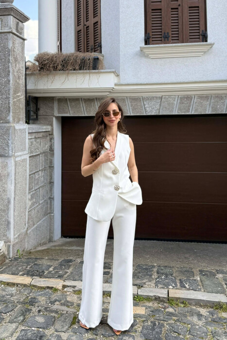SILVER BUTTONS VEST +TROUSERS WOMAN SET WHITE-E BARDHE 
