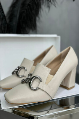 SILVER DETAILS LEATHER WOMAN HEELS CREAM/KREM 