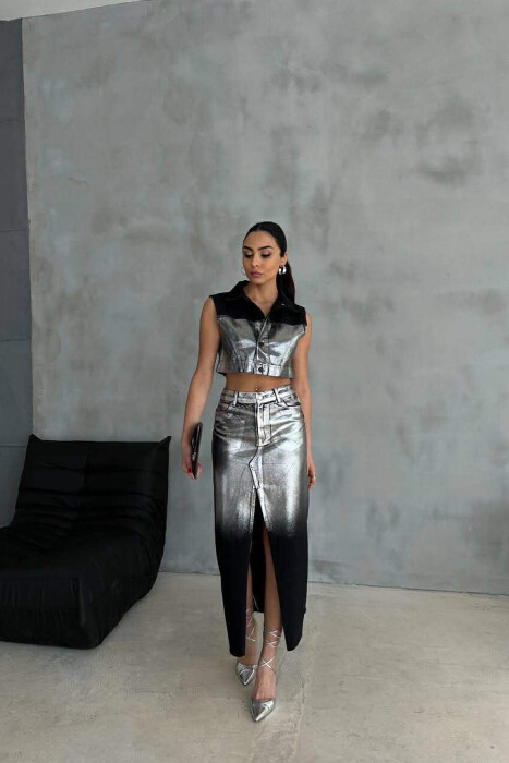 SILVER DETAILS VEST+SKIRT WOMEN SET BLACK/ E ZEZE - 2