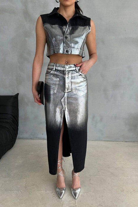 SILVER DETAILS VEST+SKIRT WOMEN SET BLACK/ E ZEZE - 1