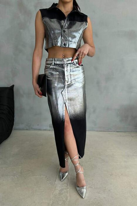 SILVER DETAILS VEST+SKIRT WOMEN SET BLACK/ E ZEZE - 5