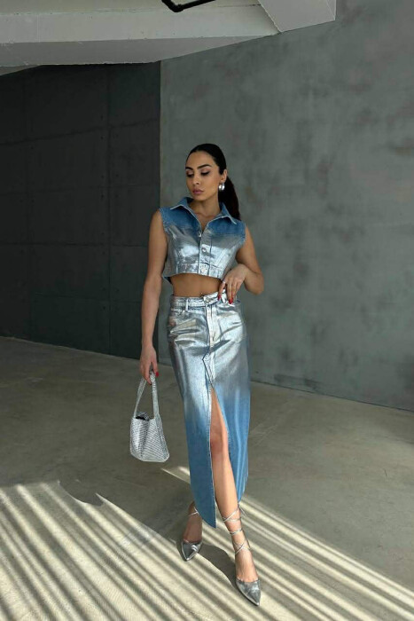 SILVER DETAILS VEST+SKIRT WOMEN SET LIGHTBLUE/BZ - 2