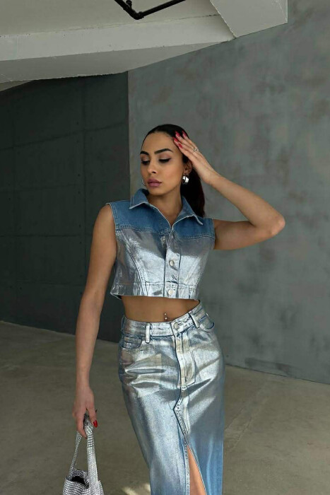 SILVER DETAILS VEST+SKIRT WOMEN SET LIGHTBLUE/BZ - 7