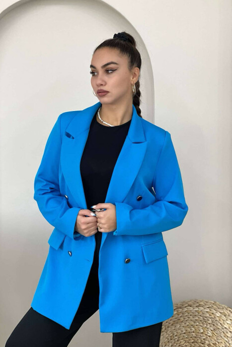 SILVER+BLACK BUTTONS WOMAN JACKET IN BLUE COLOR 