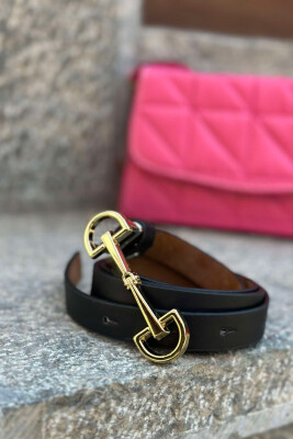 SIMETRIC LETTER D BUCKLE DESIGN WOMEN BELT BLACK+GOLD/ZEGO 