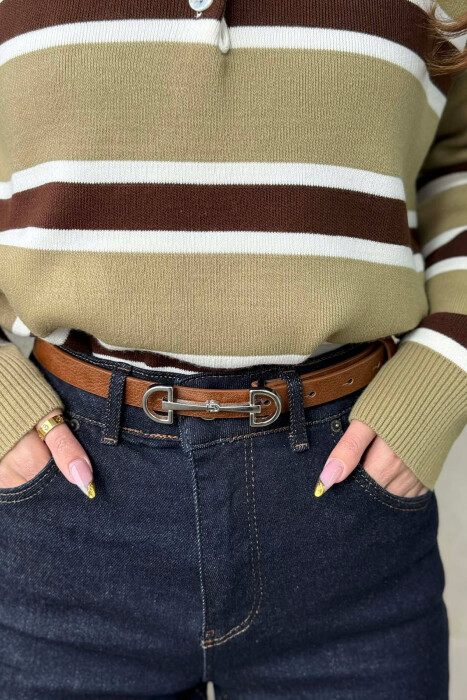 SIMETRIC LETTER D BUCKLE DESIGN WOMEN BELT BROWN+SILVER/KAFE+ARGJEND - KLAUDIO FASHION