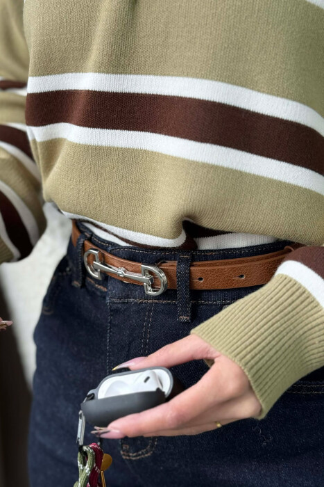 SIMETRIC LETTER D BUCKLE DESIGN WOMEN BELT BROWN+SILVER/KAFE+ARGJEND - KLAUDIO FASHION