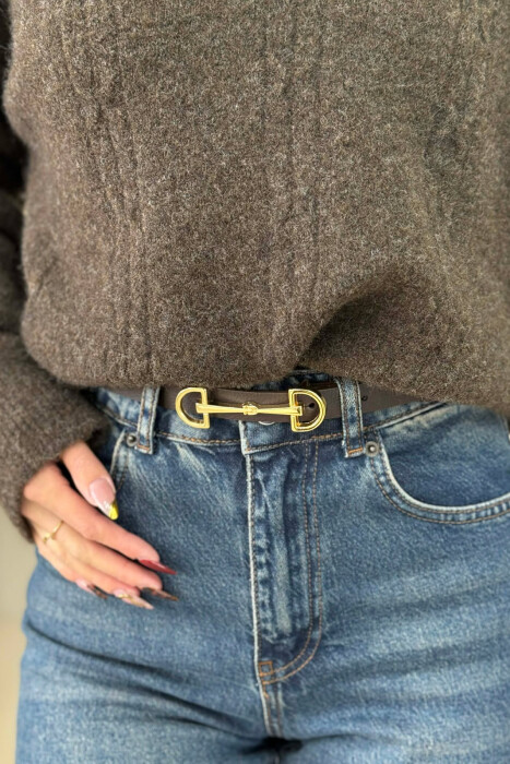SIMETRIC LETTER D BUCKLE DESIGN WOMEN BELT DARK BROWN+GOLD/KAFE ERRET+GOLD - KLAUDIO FASHION