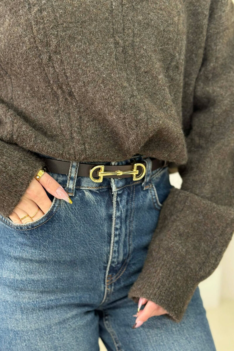 SIMETRIC LETTER D BUCKLE DESIGN WOMEN BELT DARK BROWN+GOLD/KAFE ERRET+GOLD - 2