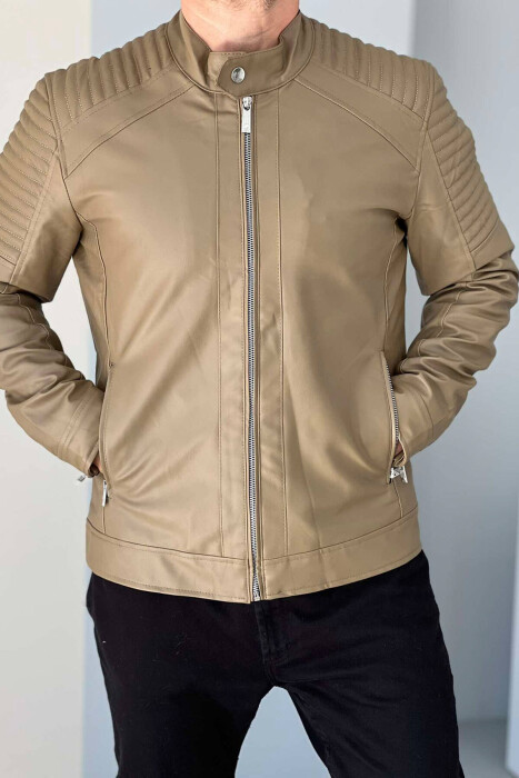 SIMPLE BIKER MEN JACKET IN BEIGE COLOR 