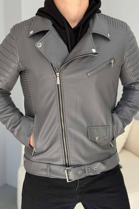 SIMPLE BIKER MEN JACKET IN GREY COLOR - 1