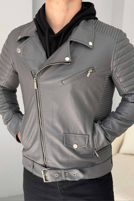 SIMPLE BIKER MEN JACKET IN GREY COLOR - 4