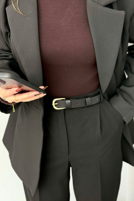 SIMPLE BUCKLE LEATHER WOMEN BELT BLACK+GOLD/ZEGO - 1