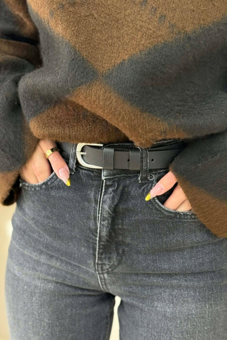 SIMPLE BUCKLE LEATHER WOMEN BELT BLACK+SILVER/ZEZE+ARGJEND - 2
