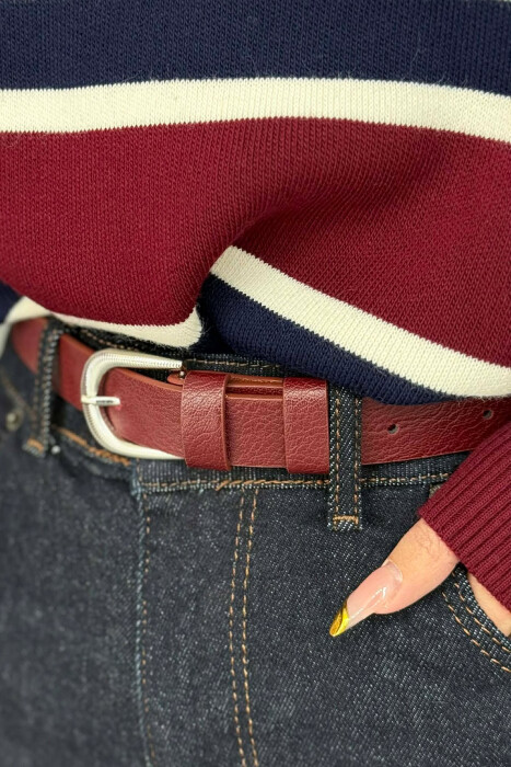 SIMPLE BUCKLE LEATHER WOMEN BELT BURGUNDY/VISHNJE - 3